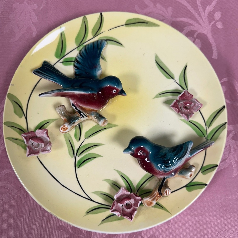 Vintage Japan Ceramic Bird Wall Plate 3D Relief Flowers Hand Painted 8.25 Inch